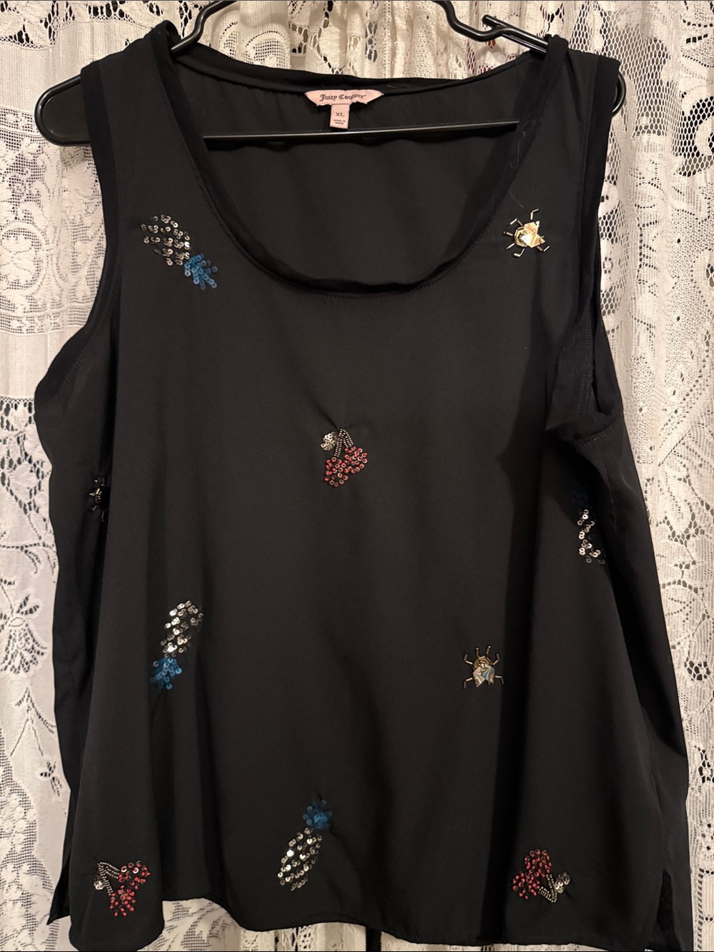 Betsey Johnson Black Tank Top with Blue, Red & Gold Embellishments